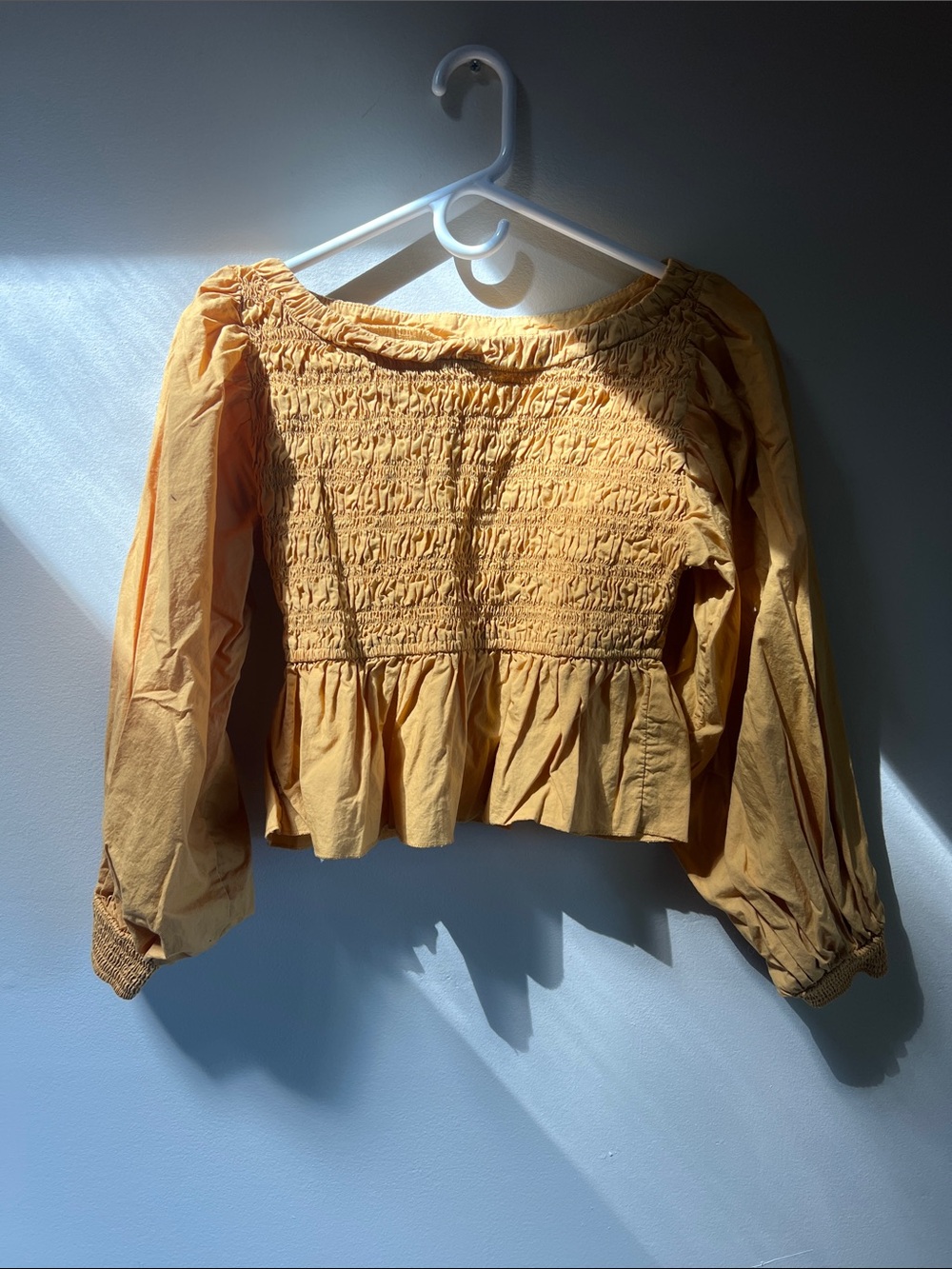 Free People Smocked Peplum Long-Sleeve Top — Mustard Yellow